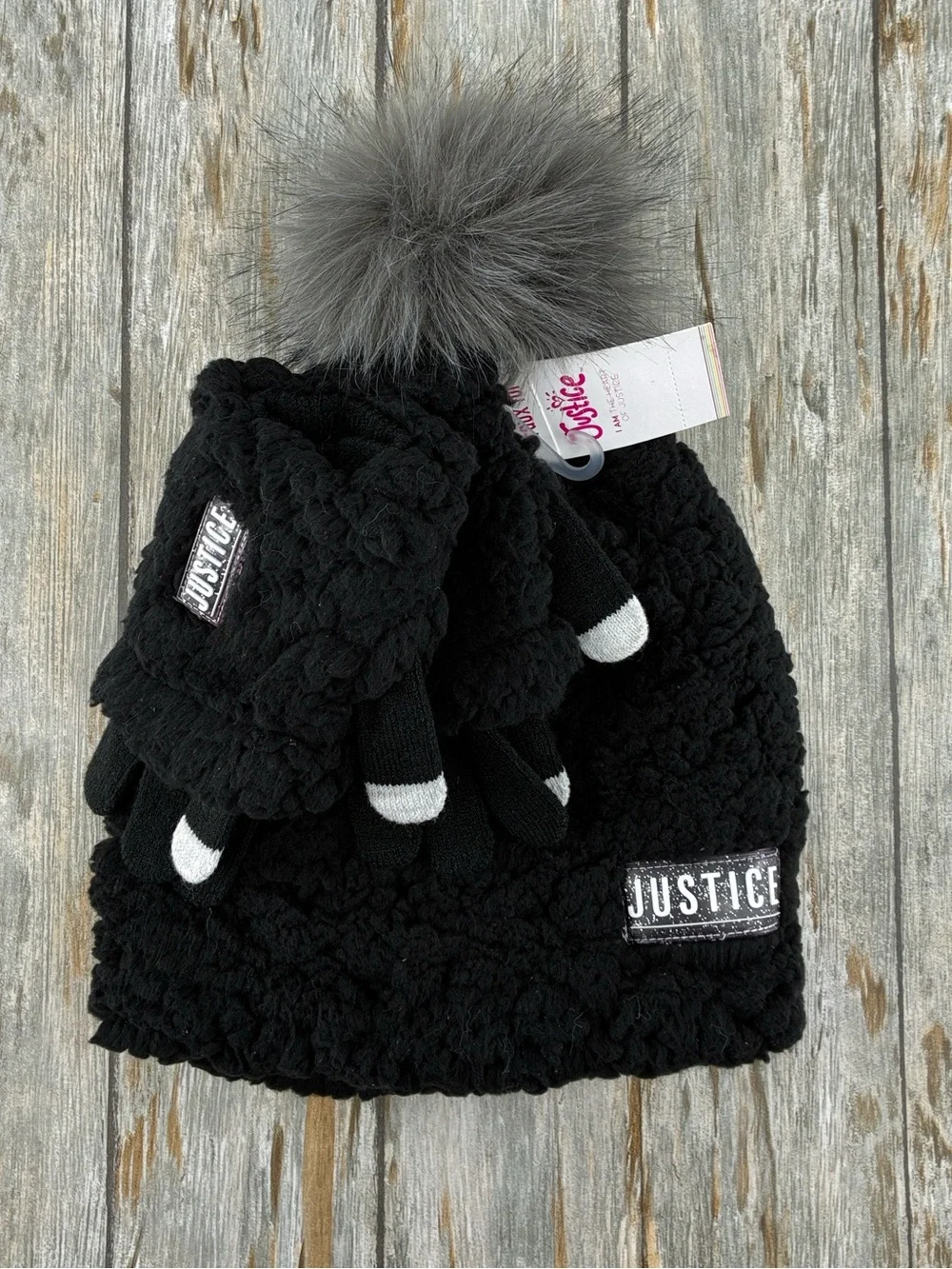 Justice Girls Beanie With Pom Pom & Gloves Winter Set